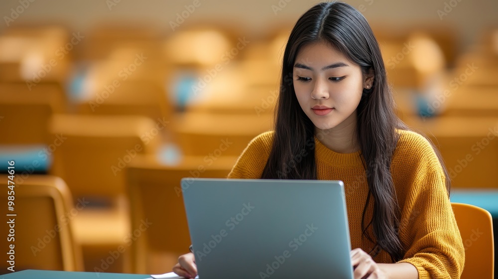 Young Asian Female Student Working on Creative Writing Assignment Using Laptop in Classroom Young Asian Female Student Working on Creative Writing Assignment Using Laptop in Classroom
