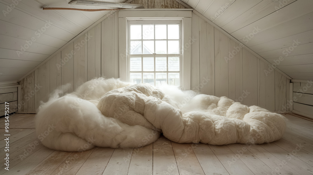 Insulating material piled in a rustic attic with natural light flowing through the window. The soft, fluffy texture suggests warmth and comfort, ideal for energy efficiency. Insulating material piled in a rustic attic with natural light flowing through the window. The soft, fluffy texture suggests warmth and comfort, ideal for energy efficiency.