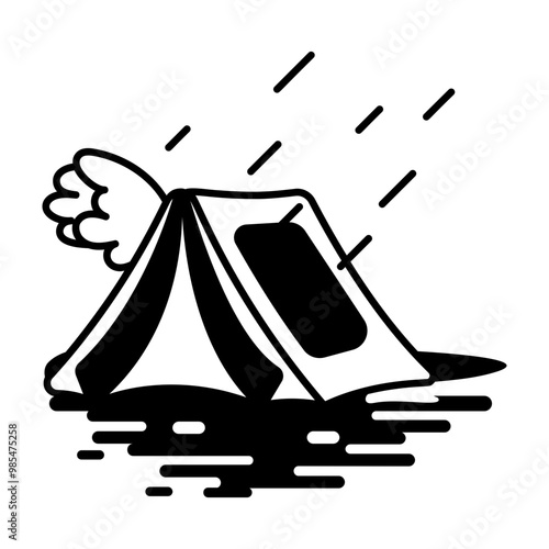 A glyph icon of rain camping 