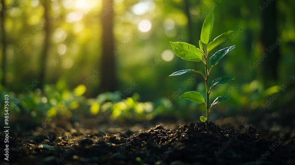 A Single Sapling Growing in the Forest Under Sunlight A Single Sapling Growing in the Forest Under Sunlight