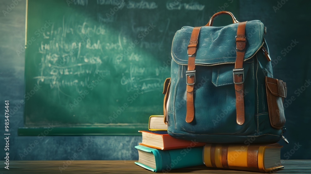 A stack of colorful books sits beside a backpack in front of a green chalkboard with chalk scribbles. This image embodies the back-to-school theme, perfect for education. A stack of colorful books sits beside a backpack in front of a green chalkboard with chalk scribbles. This image embodies the back-to-school theme, perfect for education.