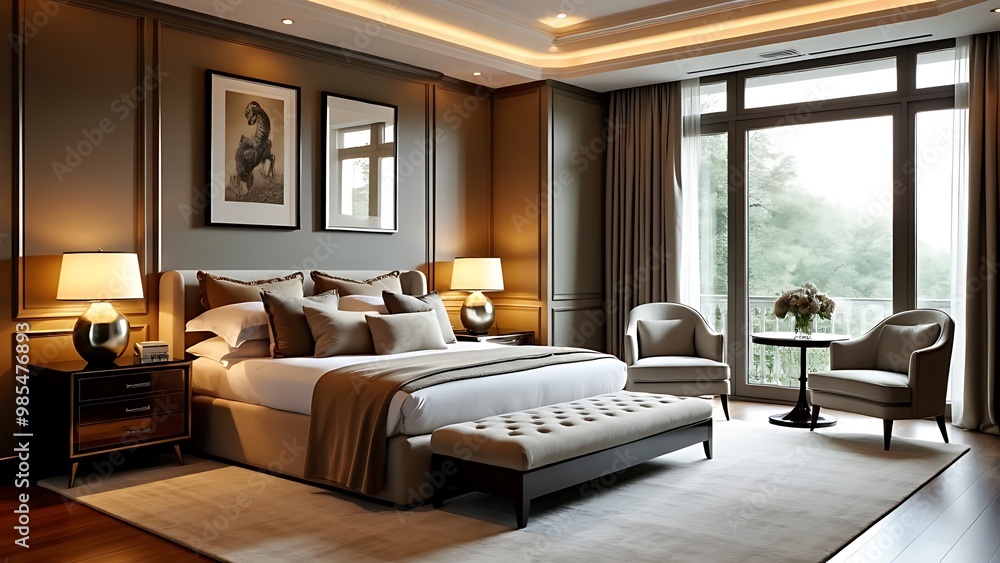A luxurious master bedroom featuring a spacious king-size bed, elegantly adorned with plush linens. The stylish decor and soothing ambiance create a perfect retreat for relaxation. A luxurious master bedroom featuring a spacious king-size bed, elegantly adorned with plush linens. The stylish decor and soothing ambiance create a perfect retreat for relaxation.
