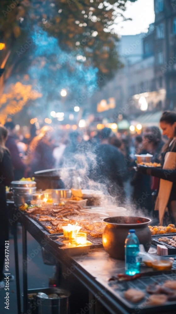 Street festival celebrating Halloween with witches selling eerie snacks cauldrons of glowing drinks Street festival celebrating Halloween with witches selling eerie snacks cauldrons of glowing drinks
