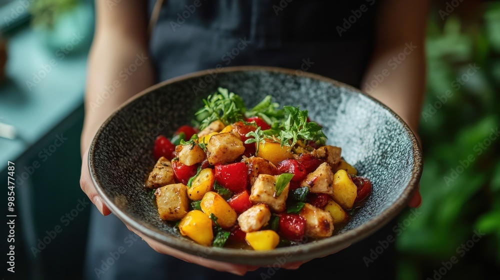 Vibrant Mango Salsa Dish with Fresh Ingredients on White Plate in Home Kitchen Setting. Vibrant Mango Salsa Dish with Fresh Ingredients on White Plate in Home Kitchen Setting.