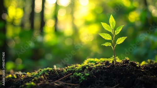 A Single Sapling Growing in a Lush Forest Setting