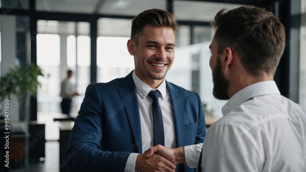 Portrait of cheerful young executive manager handshake with new partner employee after interview meeting. Collaboration teamwork hiring concept Portrait of cheerful young executive manager handshake with new partner employee after interview meeting. Collaboration teamwork hiring concept