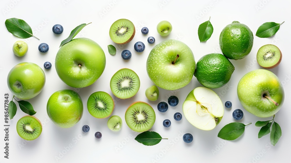 Symmetrical arrangement of green apples and mixed fruits designed in a top view banner style, emphasizing their vibrant colors and organic appeal on a white background. Symmetrical arrangement of green apples and mixed fruits designed in a top view banner style, emphasizing their vibrant colors and organic appeal on a white background.