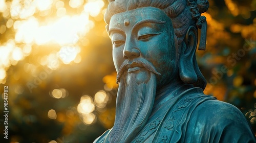 Ancient Chinese Deity Statue with Golden Sunset Light photo