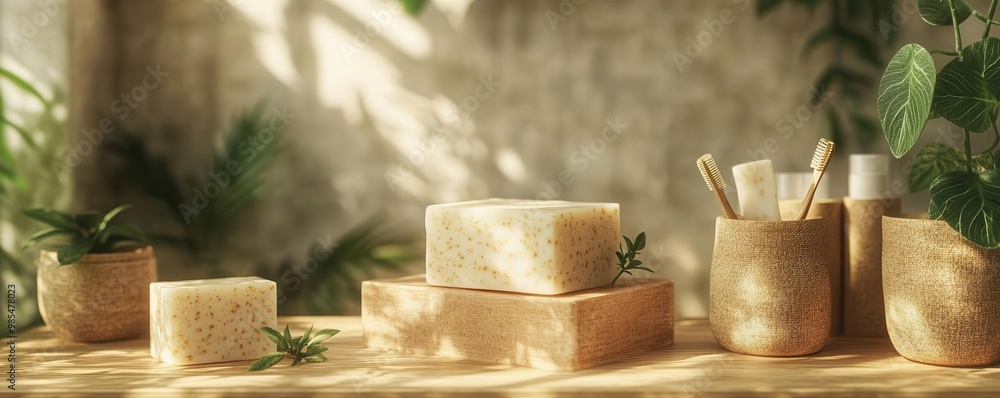 Natural handmade soap, wooden containers, and lush greenery create a serene spa atmosphere for relaxation and wellness. Natural handmade soap, wooden containers, and lush greenery create a serene spa atmosphere for relaxation and wellness.