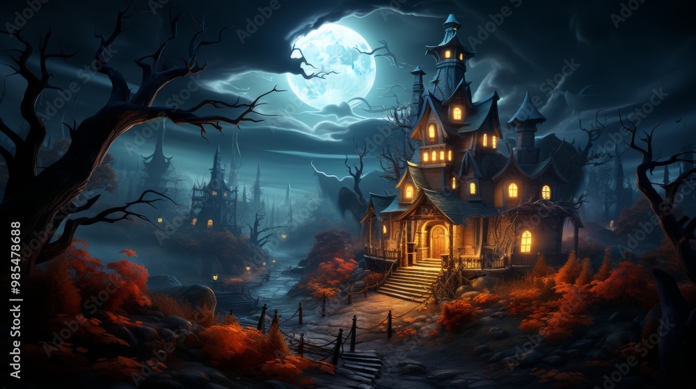 Spooky Halloween Night with Haunted House and Moonlight Spooky Halloween Night with Haunted House and Moonlight
