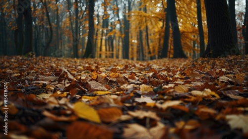 Golden autumn leaves carpeting a forest floor.