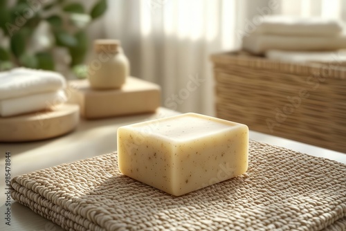 Natural soap bar placed on a woven mat, surrounded by soft towels and a calming spa environment, perfect for relaxation.