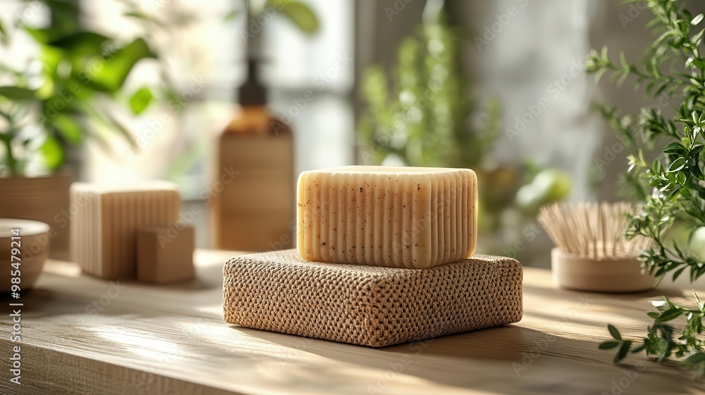 Natural soap bars placed decoratively on a wooden surface, surrounded by plants, creating a calming aesthetic for spa settings. Natural soap bars placed decoratively on a wooden surface, surrounded by plants, creating a calming aesthetic for spa settings.