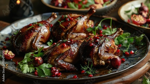 High-end roasted quail with a pomegranate glaze.