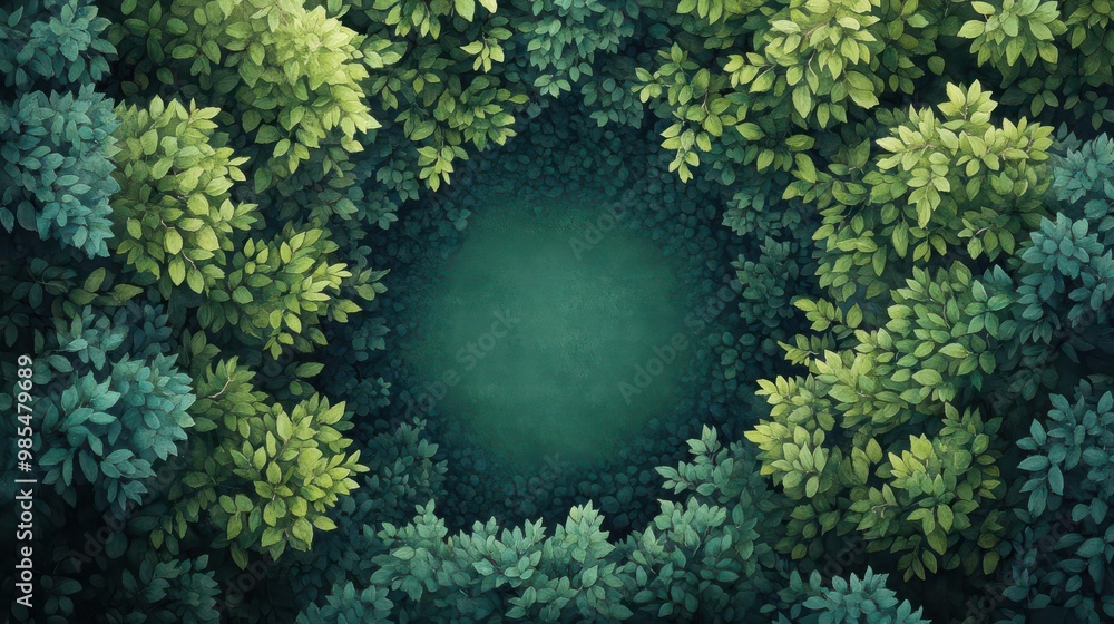 Serene aerial view of a lush green forest framing a peaceful clearing in the center, perfect for nature-themed projects. Serene aerial view of a lush green forest framing a peaceful clearing in the center, perfect for nature-themed projects.