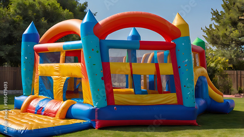 A Colorful Inflatable bounce house in the backyard for kids playground, inflatable bounce house,