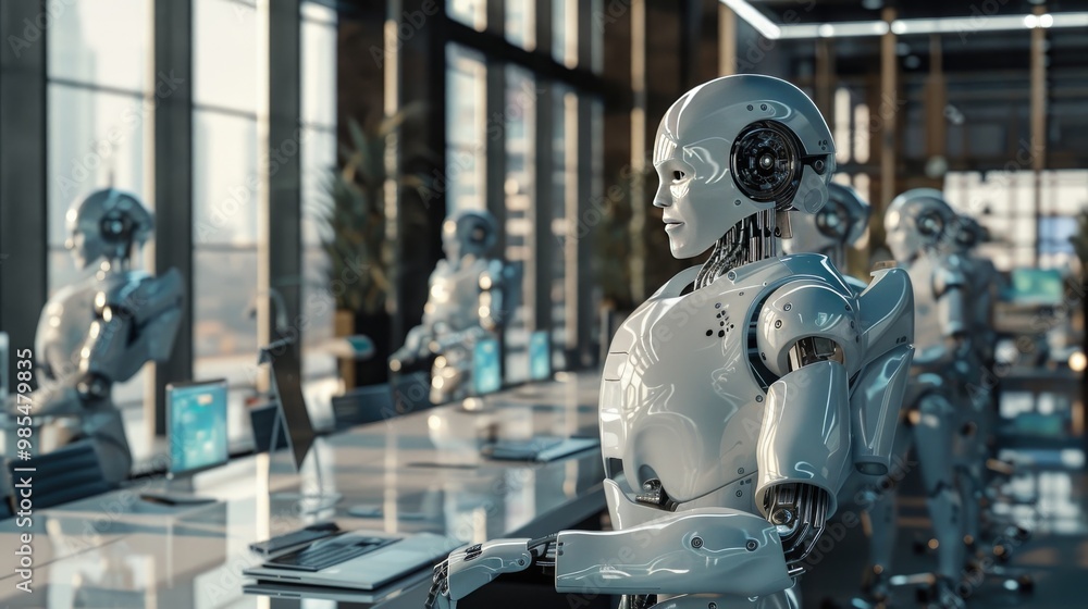 High-tech robotic assistants in a modern workspace. High-tech robotic assistants in a modern workspace.