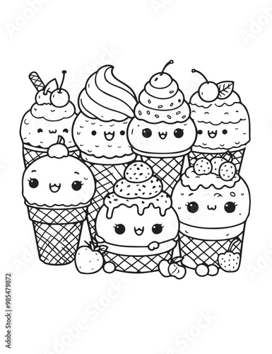 Illustration Coloring draw kawai food best sweet ice creams drink black and white version good for kids