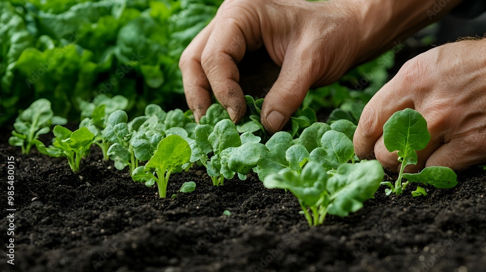 Hands Planting Organic Leafy Green Vegetables in the Garden Hands Planting Organic Leafy Green Vegetables in the Garden
