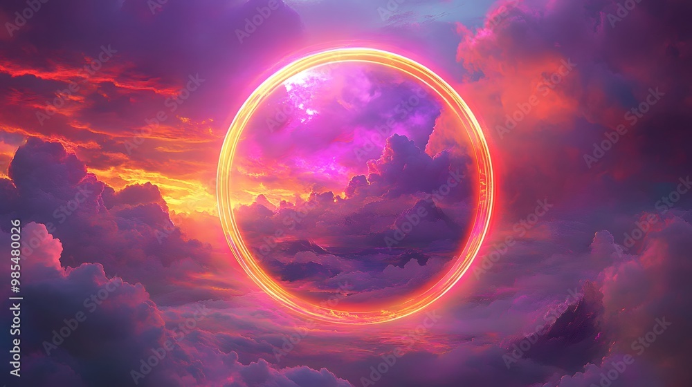 A surreal, dreamlike scene of vibrant clouds illuminated by a glowing neon ring in the sky. The fiery sunset colors blend with purples and pinks, creating a futuristic, otherworldly atmosphere. A surreal, dreamlike scene of vibrant clouds illuminated by a glowing neon ring in the sky. The fiery sunset colors blend with purples and pinks, creating a futuristic, otherworldly atmosphere.