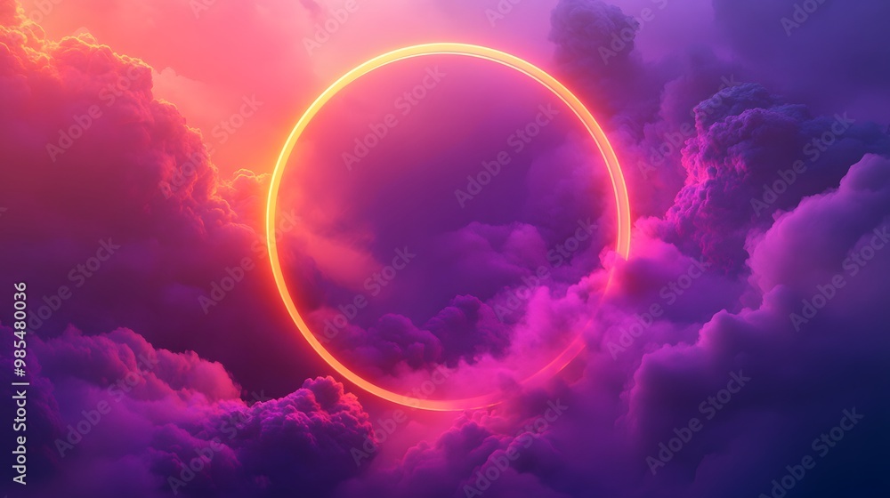 A surreal, dreamlike scene of vibrant clouds illuminated by a glowing neon ring in the sky. The fiery sunset colors blend with purples and pinks, creating a futuristic, otherworldly atmosphere. A surreal, dreamlike scene of vibrant clouds illuminated by a glowing neon ring in the sky. The fiery sunset colors blend with purples and pinks, creating a futuristic, otherworldly atmosphere.
