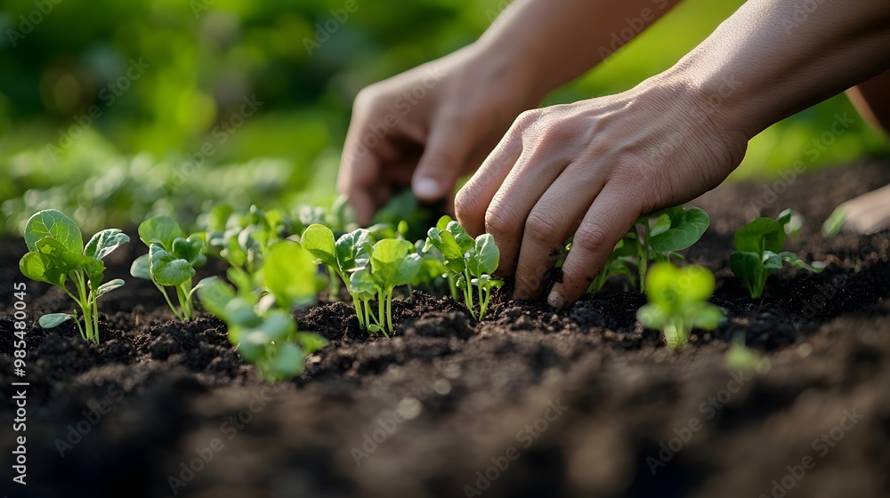 Caring Hands Tending to Lush Green Seedlings in Fertile Soil Caring Hands Tending to Lush Green Seedlings in Fertile Soil