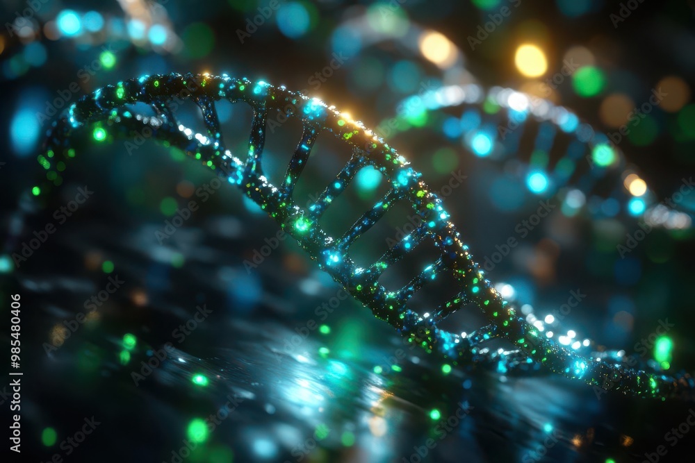 Stunning close-up of a vibrant DNA helix illuminated with colorful lights, showcasing the beauty of genetic structures in a surreal way. Stunning close-up of a vibrant DNA helix illuminated with colorful lights, showcasing the beauty of genetic structures in a surreal way.
