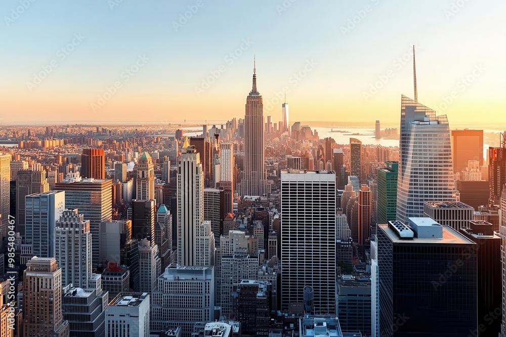 Naklejka premium Stunning skyline view of New York City at sunset, showcasing iconic buildings and a vibrant urban landscape.