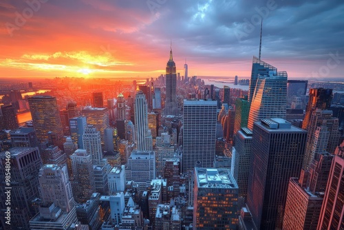 Stunning sunset over a vibrant city skyline, showcasing modern architecture and warm tones illuminating the urban landscape.