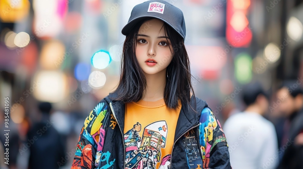 A young woman in Shanghai dressed in chic streetwear, blending modern global fashion trends with traditional Chinese influences A young woman in Shanghai dressed in chic streetwear, blending modern global fashion trends with traditional Chinese influences