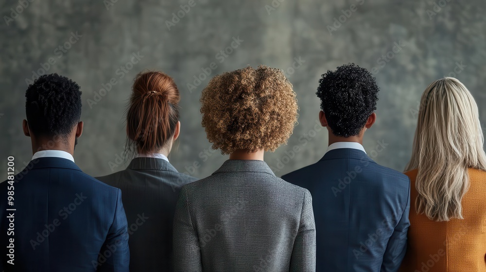 Obraz premium Team of professionals standing together, showcasing leadership and diversity against a textured background.