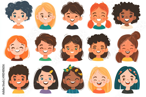 Bundle of smiling faces of boys and girls with different hairstyles, skin colors and ethnicities. Colorful flat vector illustration isolated on white background