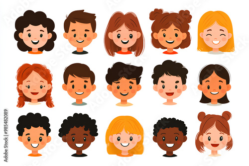 Bundle of smiling faces of boys and girls with different hairstyles, skin colors and ethnicities. Colorful flat vector illustration isolated on white background