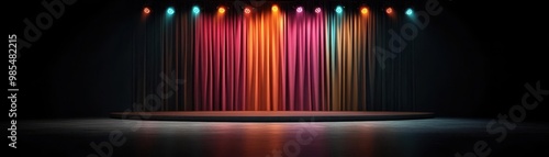 Vibrant stage background with colorful curtains and dramatic lighting, perfect for performance, theater, or event promotions.