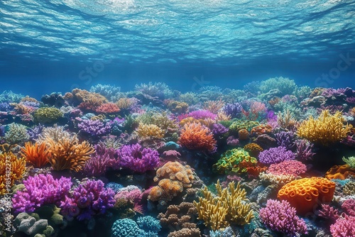 Produce a dynamic birds-eye view of a vibrant coral reef teaming with marine life, digitally rendered with photorealistic precision for licensing photo