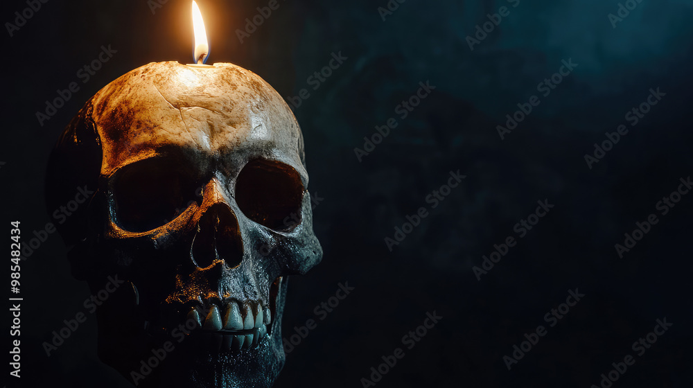With a candle flickering on its head, the skull stands starkly against the dark background, combining elements of the macabre and the mystical. With a candle flickering on its head, the skull stands starkly against the dark background, combining elements of the macabre and the mystical.