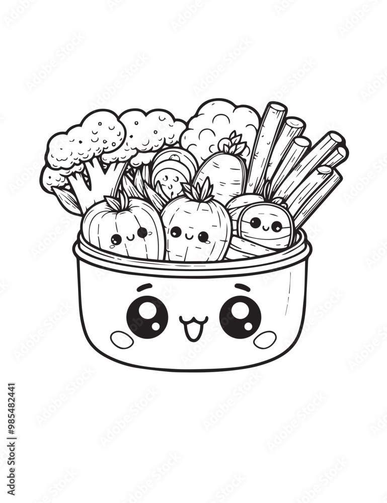 Illustration Coloring draw kawai food fresh vegetable ini a basket black and white version good for kids Illustration Coloring draw kawai food fresh vegetable ini a basket black and white version good for kids