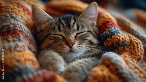 Adorable tabby cat sleeping peacefully in a cozy blanket photo