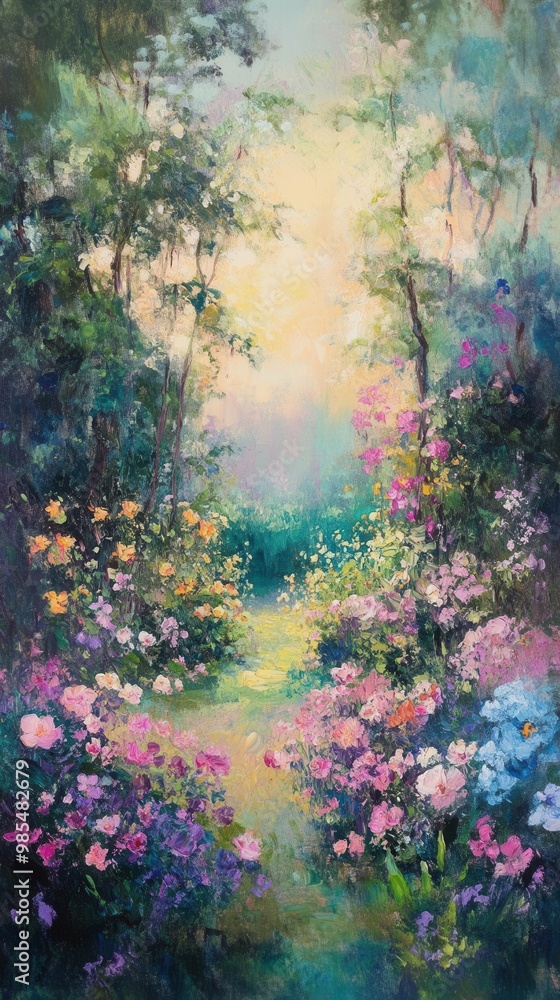 Sunlit garden scene with soft pastel hues, brushstrokes capturing gentle movement in flowers and trees, nostalgic summer vibes Sunlit garden scene with soft pastel hues, brushstrokes capturing gentle movement in flowers and trees, nostalgic summer vibes