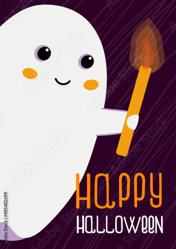 Happy Halloween card. A cute ghost with candle. Halloween poster, banner or flyer