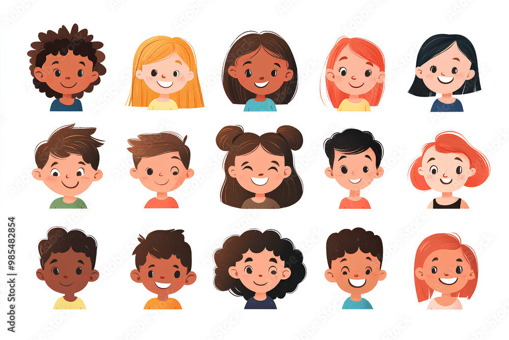 Bundle of smiling faces of boys and girls with different hairstyles, skin colors and ethnicities. Colorful flat vector illustration isolated on white background Bundle of smiling faces of boys and girls with different hairstyles, skin colors and ethnicities. Colorful flat vector illustration isolated on white background