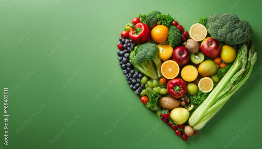 Heart shape made from various fresh fruits and vegetables on green background with copysace Heart shape made from various fresh fruits and vegetables on green background with copysace