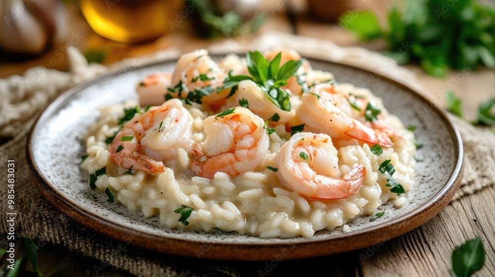 A plate of creamy shrimp risotto, garnished with fresh herbs, set against a dynamic, realistic background of a warm, cozy kitchen A plate of creamy shrimp risotto, garnished with fresh herbs, set against a dynamic, realistic background of a warm, cozy kitchen