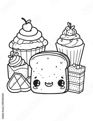 Illustration Coloring draw kawai food happy bread and cake sweet black and white version good for kids