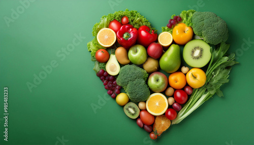 Heart shape made from various fresh fruits and vegetables on green background with copysace 