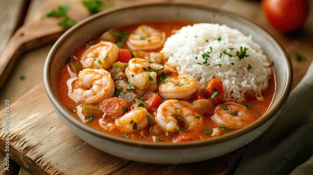 Delicious shrimp gumbo, served in a bowl with a side of rice, set against a dynamic, realistic background of a Southern-style kitchen Delicious shrimp gumbo, served in a bowl with a side of rice, set against a dynamic, realistic background of a Southern-style kitchen