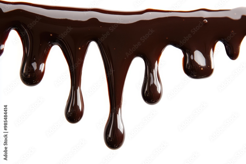 A close-up of thick, glossy chocolate dripping against a white background. A close-up of thick, glossy chocolate dripping against a white background.