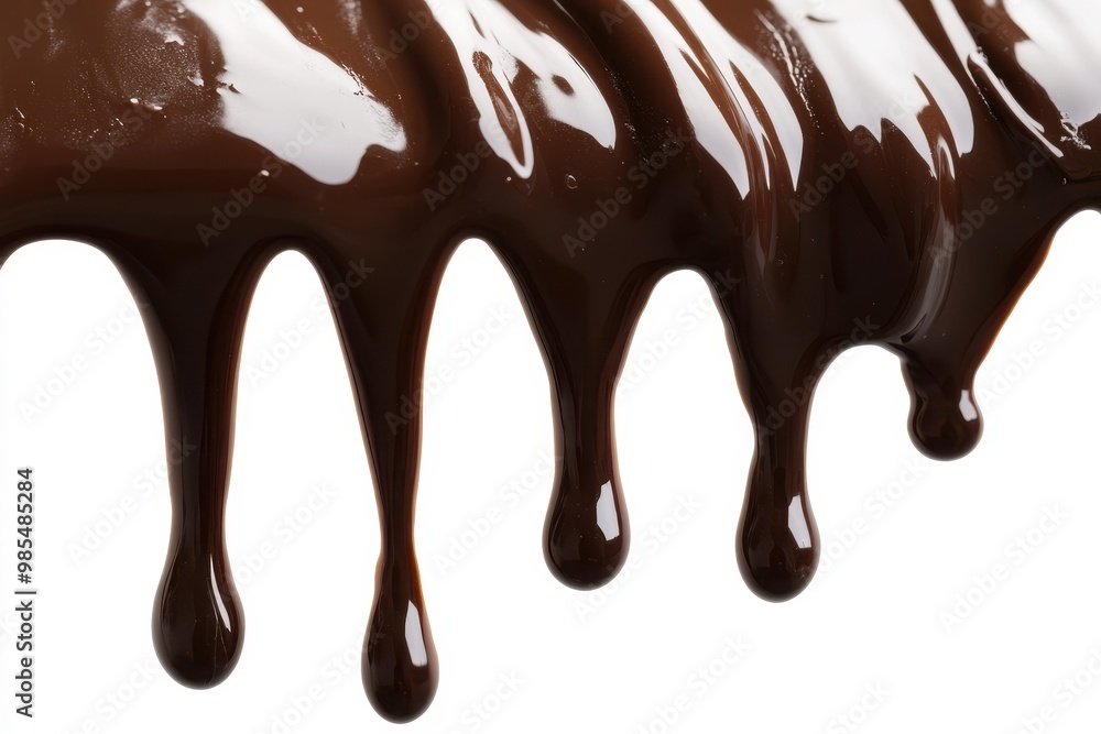 A close-up of thick, glossy chocolate dripping down against a white background. A close-up of thick, glossy chocolate dripping down against a white background.