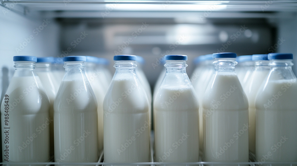 bottles of milk isolated in refrigerator bottles of milk isolated in refrigerator