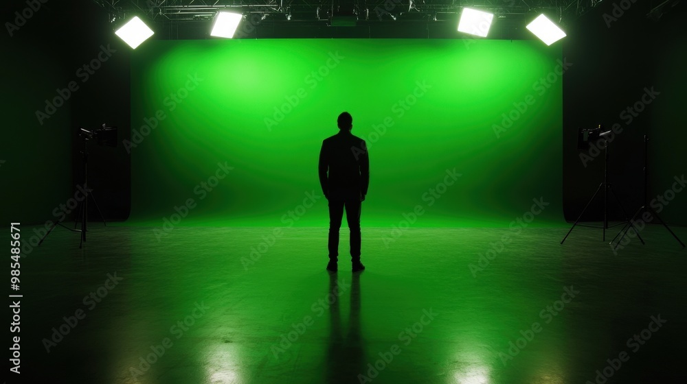 Fototapeta premium A silhouette of a person stands in a green screen studio, ready for filming or photography, surrounded by bright lights.
